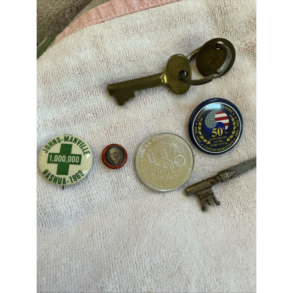 Vintage 6 Pc Lot 1920 Warren G. Harding Pin, Johns-Mansville, Olympic Token, Key